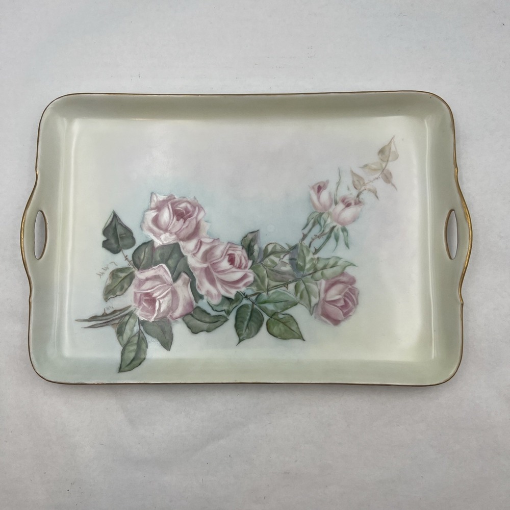 Vintage Bavaria Porcelain Serving Tray‎ Pink Roses Gold Trim Handles